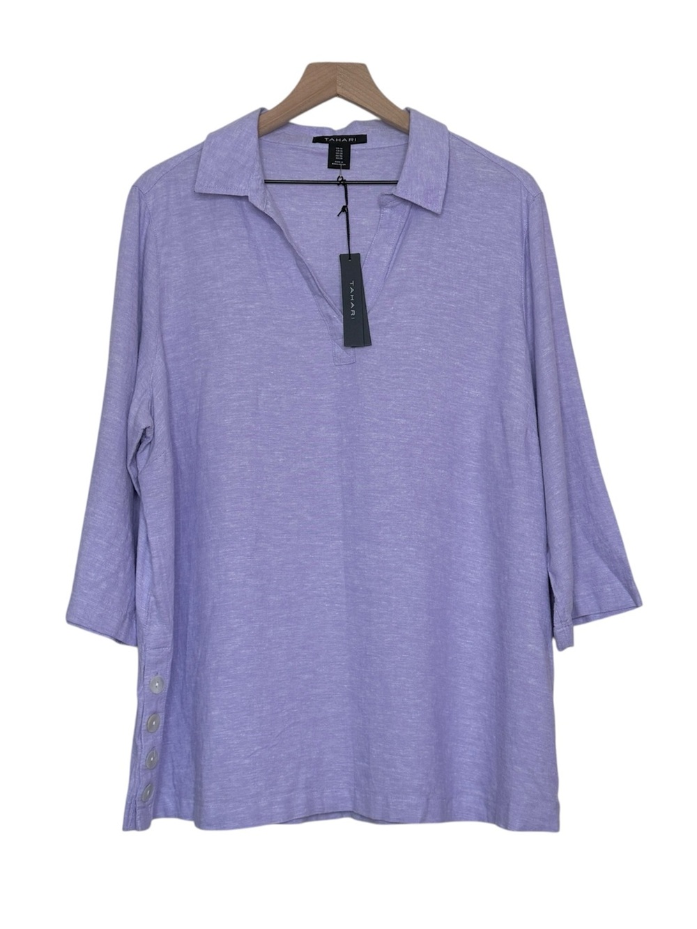 NWT Tahari 1X Linen Blend Slub Knit Tunic V-Neck Button Hem Lagenlook Coastal